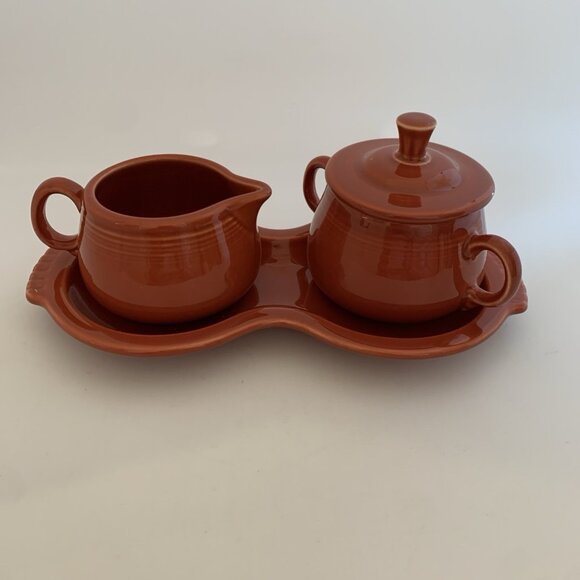 Fiesta Fiestaware Creamer & Lidded Sugar Bowl w/ Tray Cinnabar Homer Laughlin - Picture 4 of 12